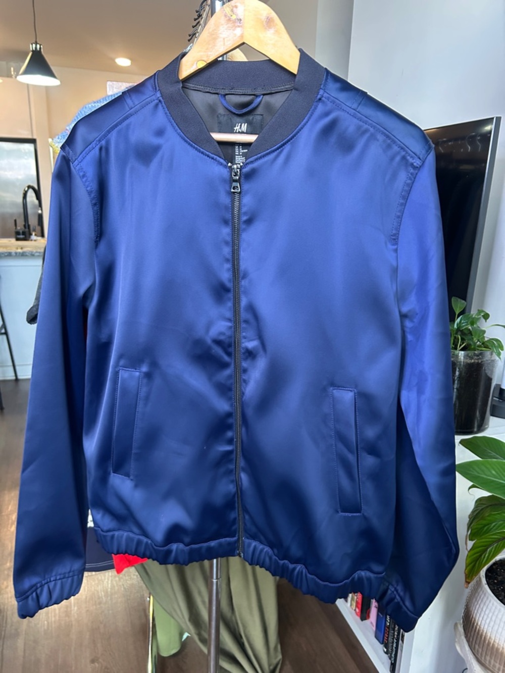 H&M Deep Blue Satin Bomber Jacket